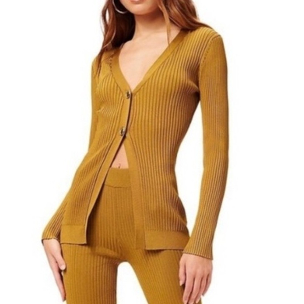 Good American Cardigan Womens Large Goldenrod Ribbed V-Neck Longline Mustard